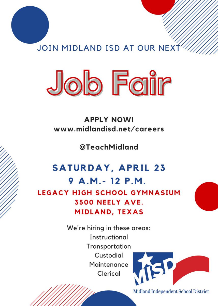 SISD_Supe's tweet photo. Please join us at this upcoming MISD Job Fair, Saturday, April 23, from 9-12 at Legacy HS. Schools and district admin will be in attendance to help you find your new job here with Midland ISD. Look forward to seeing you there. #Excellence4all #WeareMISD https://t.co/iz4FHZl0TJ