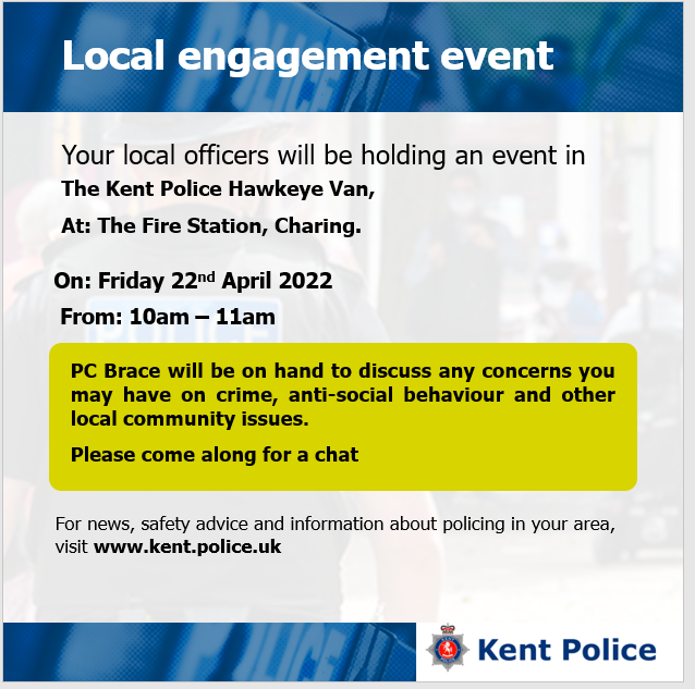 KentPoliceAsh's tweet photo. #AshfordCSU are holding the following local engagement events. Please do come along if you have anything you would like to discuss with us. #CommunityPolicing #SaferSpring KR https://t.co/6fDotbSuQI