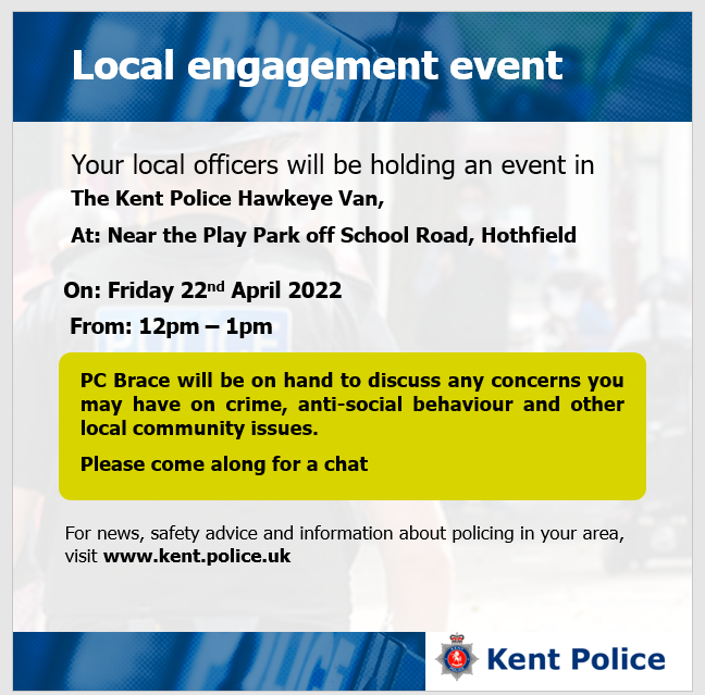 KentPoliceAsh's tweet photo. #AshfordCSU are holding the following local engagement events. Please do come along if you have anything you would like to discuss with us. #CommunityPolicing #SaferSpring KR https://t.co/6fDotbSuQI