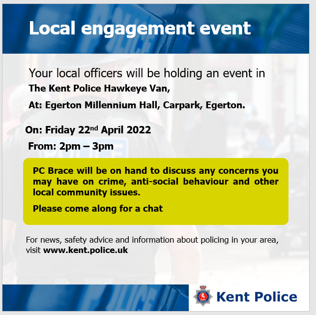KentPoliceAsh's tweet photo. #AshfordCSU are holding the following local engagement events. Please do come along if you have anything you would like to discuss with us. #CommunityPolicing #SaferSpring KR https://t.co/6fDotbSuQI