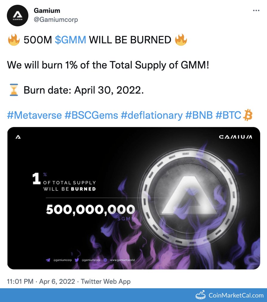 cmcal_bot's tweet photo. 🆕 New Gamium $GMM event! 
 
30 April 2022 
Token Burn  
 
Source: https://t.co/QQOjXoNvjC https://t.co/62PYmE2EmI