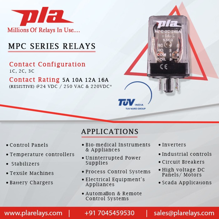PlaRelays's tweet image. MPC Series Relays

Contact Configuration
1C, 2C, 3C

Contact Rating 5A 10A 12A 16A
(Resistive) @24VDC / 250 VAC &amp;amp; 220VDC*

Pla Relays

plarelays.com
sales@plarelays.com

#plarelays #pluguinrelay #sip #ply #contact #application #series #configuration #mpcn #hcc #pmy