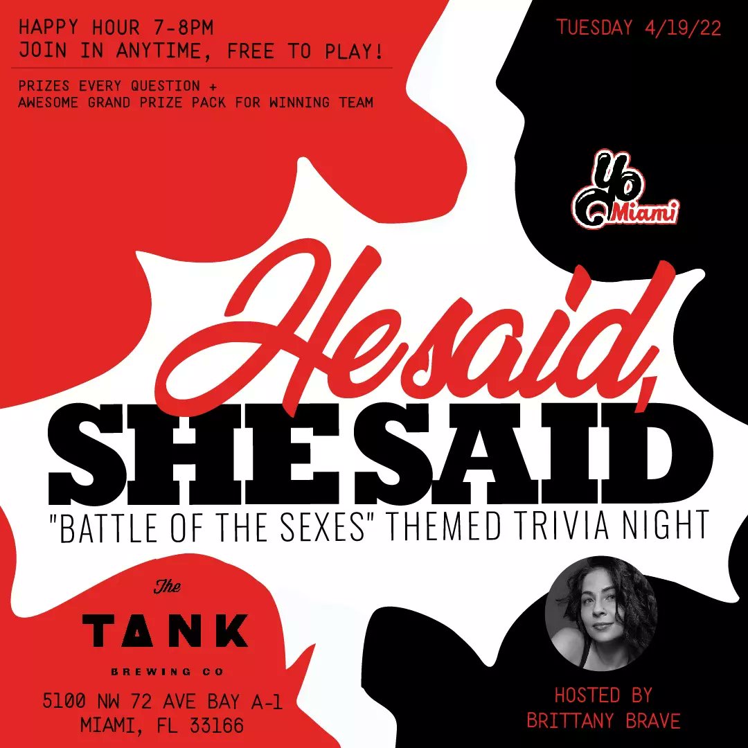 Tonight! 8pm at <a href="/TheTankBrewing/">The Tank Brewing Co</a> with <a href="/BritBrave/">Brittany Brave</a> #trivianight #TriviaTuesdays #miamicomedy #miamievents