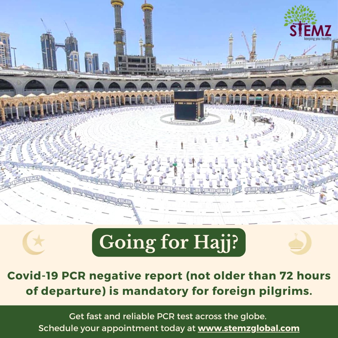 StemzGlobal's tweet photo. #Hajj pilgrims coming to #SaudiArabia from other countries are required to carry a negative #COVID19 PCR result (not older than 72 hours of travel).

Get your Covid-19 PCR test done from the comfort of your home, or hotel. Visit https://t.co/PJjWuHgY9u

#Mecca #hajj2022 #Medina https://t.co/ir2nH5ms6e