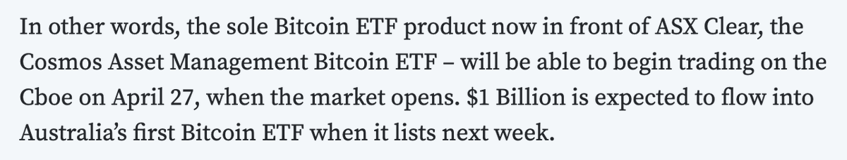 EricBalchunas's tweet photo. Australia is the 8th country to approve a spot bitcoin ETF. The Cosmos Bitcoin ETF to list on 4/27 (there's rumors that VanEck and BetaShares will launch too). They expected to bring in $1b right off bat. That's the equiv of $100b in US. h/t @bitcoinarchive https://t.co/cugpzlPzMG https://t.co/lbxITekpxo