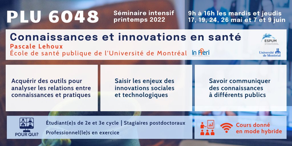 Hinnovic | In Fieri (@hinnovic) on Twitter photo Malgré les apparences, le printemps arrive, et avec lui le cours intensif Transfert de connaissances+innovations sociales et techno en santé. Par <a href="/PLehouxUM/">Pascale Lehoux</a>. Pour les étudiants de toutes les disciplines, 2e + 3e cycle, et les professionnels. Inscrivez-vous! <a href="/UMontreal/">Université de Montréal</a> <a href="/ESPUM_UdeM/">École de santé publique de l'UdeM</a> Malgré les apparences, le printemps arrive, et avec lui le cours intensif Transfert de connaissances+innovations sociales et techno en santé. Par <a href="/PLehouxUM/">Pascale Lehoux</a>. Pour les étudiants de toutes les disciplines, 2e + 3e cycle, et les professionnels. Inscrivez-vous! <a href="/UMontreal/">Université de Montréal</a> <a href="/ESPUM_UdeM/">École de santé publique de l'UdeM</a>