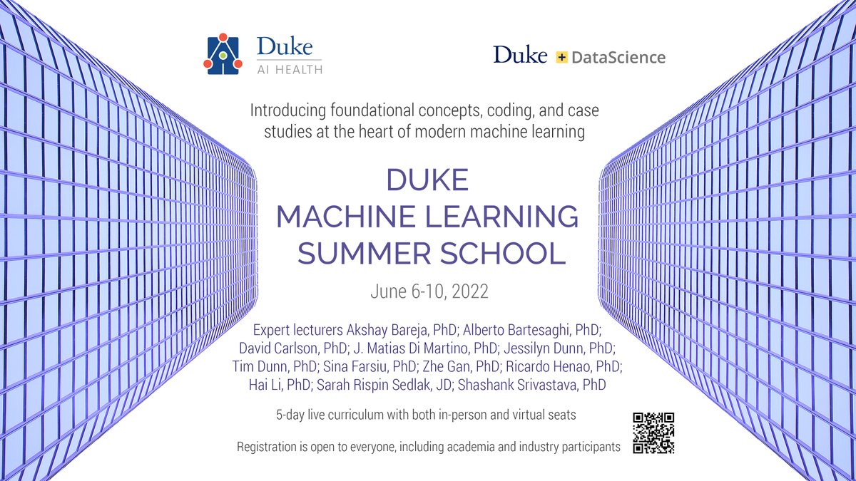 We're delighted to open registration for our 11th Duke Machine Learning School! This 5-day event, with both in-person &amp; virtual attendance options, will introduce the foundational concepts, coding, and case studies at the heart of modern machine learning. aihealth.duke.edu/mlss2022/