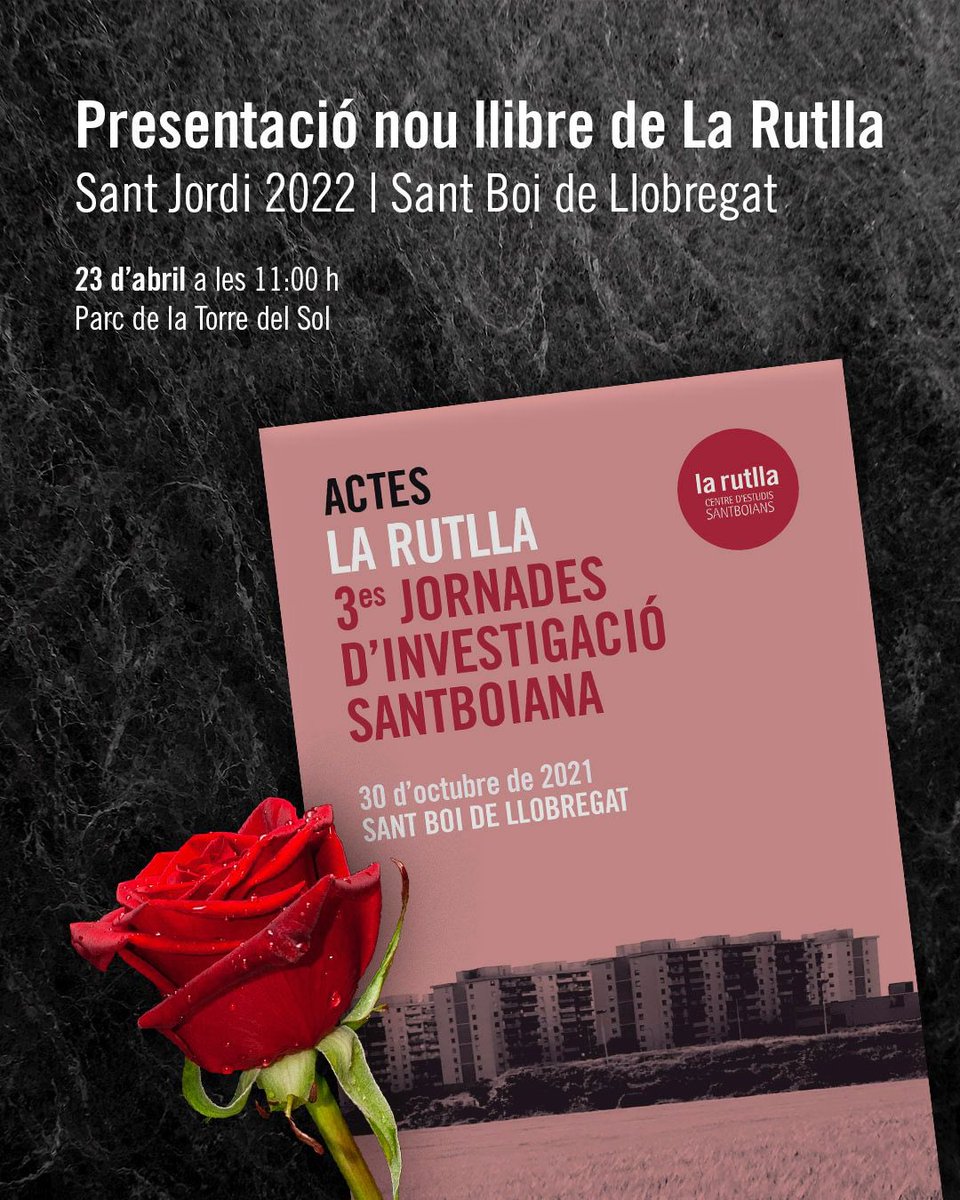 📲 AGENDA 🌹

📌 Dissabte 23 d’abril a les 11h.

📚 El el marc de l’acte organitzat per <a href="/CulturaSantBoi/">Cultura Sant Boi</a> <a href="/AjSantBoi/">Ajuntament Sant Boi</a> al Parc de la Torre del Sol per cel·lebrar la festa de Sant Jordi, La Rutlla, presentem el nou llibre de les actes de les 3es Jornades d’Investigació Santboiana