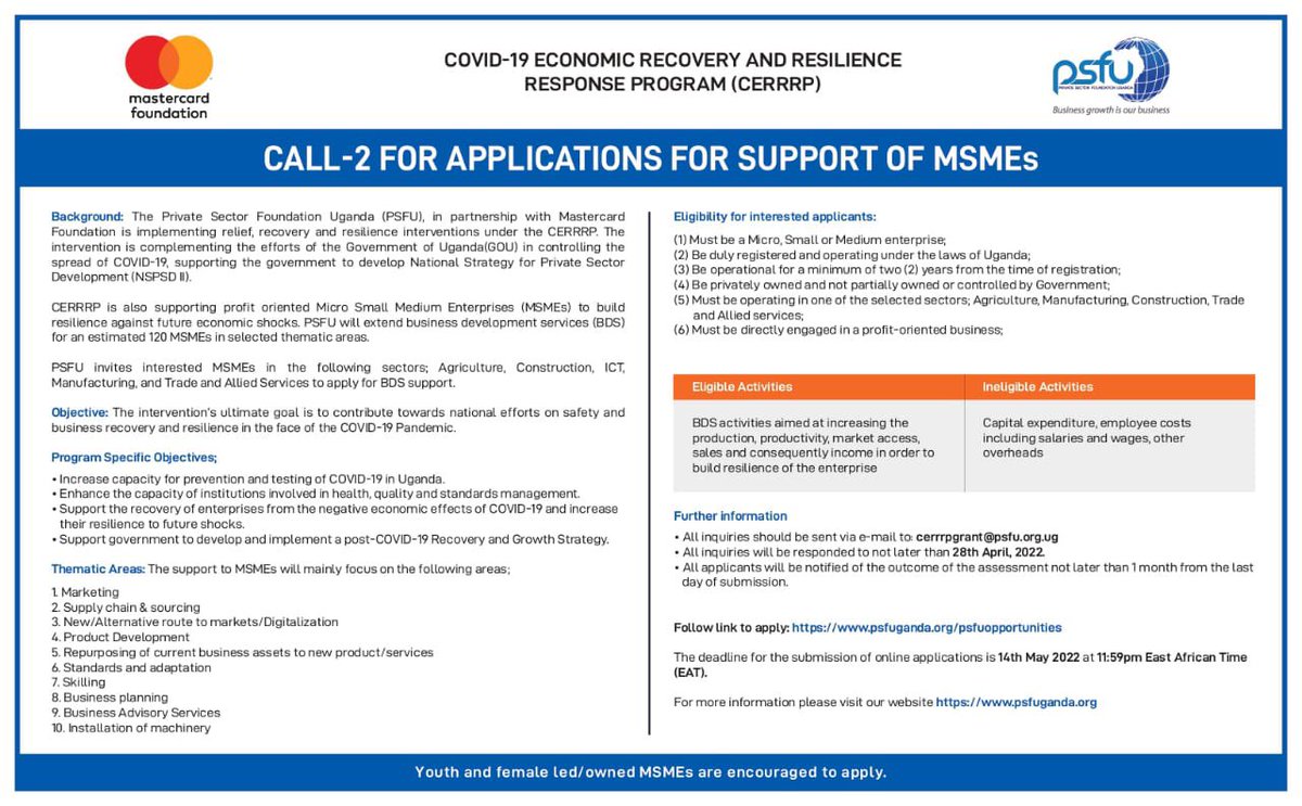 PSFU_CERRRP's tweet photo. Our call to support MSME’s is still up and running ! Kindly follow the link below to apply for BDS support in the sectors mentioned.

We look forward to receiving your applications ! #SupportSmallBusinesses #MSMEs #BusinessGrowthIsOurGrowth https://t.co/63aeo2ue5g