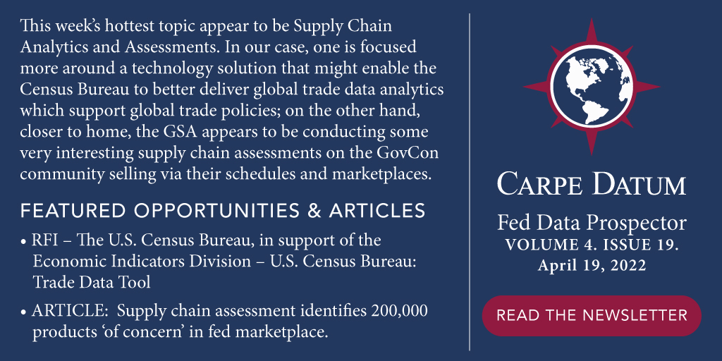 CarpeDatumDC's tweet image. Stay up to date on the latest federal opportunities and industry news with Carpe Datum&apos;s Federal Data Prospector Weekly Newsletter. carpedatumdc.com/newsletter/ #fedopps #fedbiz #govbiz #govnews #newsletter #data