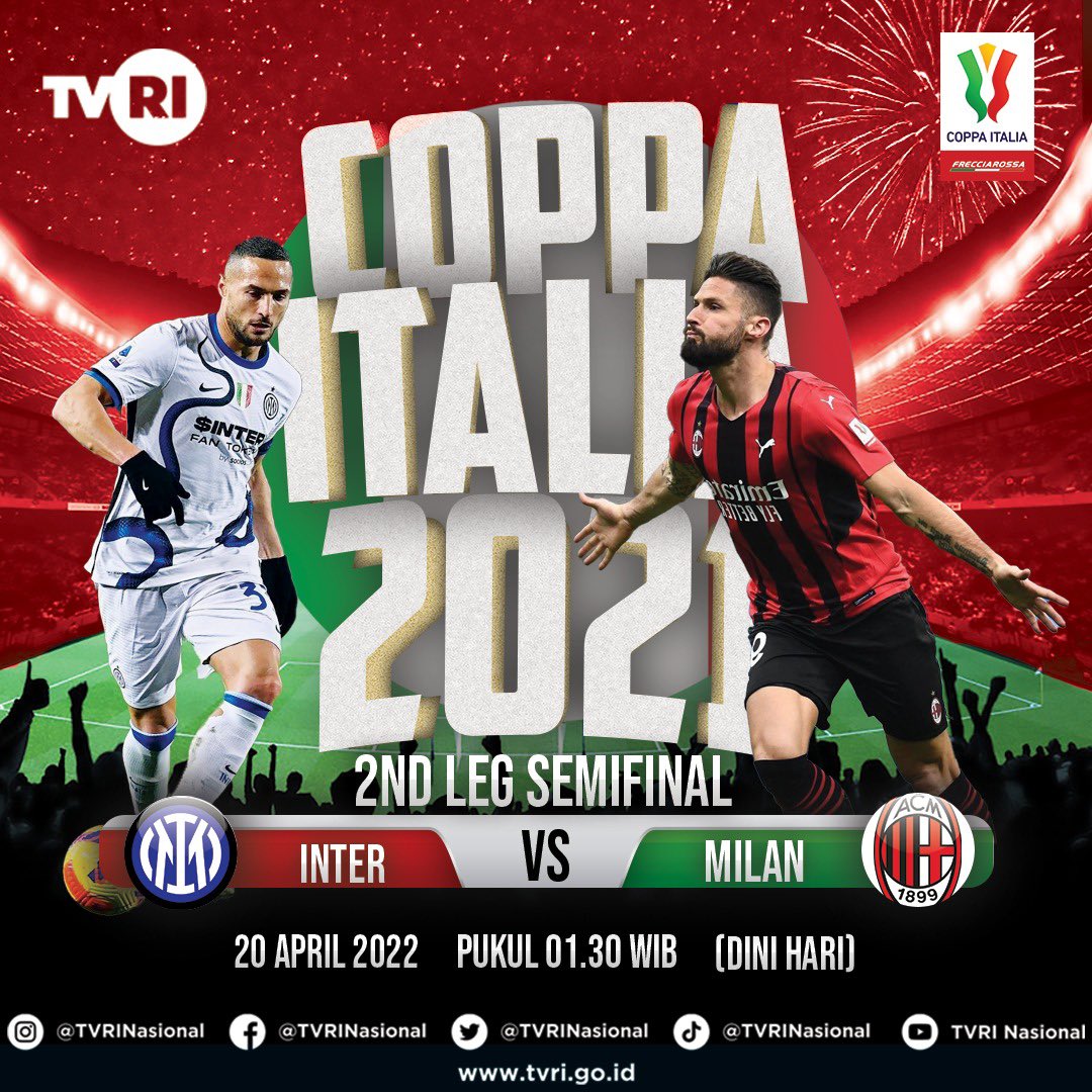 TVRINasional's tweet photo. Saksikan siaran langsung Coppa Italia antara Inter Milan 🔵 vs AC Milan 🔴, Rabu 20 April 2022, pada pukul 01.30 WIB. Tulis di kolom komentar ya, kira-kira siapa yang akan lolos ke babak final! @acmilan atau @Inter ?🏆

#TVRI #TVRINasional #MediaPemersatuBangsa https://t.co/7avIm0FPQ3