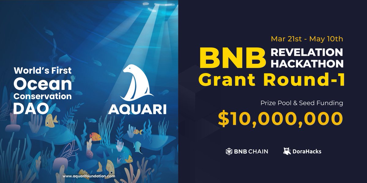 Thank you both, <a href="/BNBCHAIN/">BNB Chain</a> and <a href="/DoraHacks/">DoraHacks</a>

Aquari has been selected to join BNB Chain Revelation Hackathon held by #BNBchain and #DoraHacks!

Category: Blockchain for Good

We need your help! Please vote for Aquari: 
dorahacks.io/buidl/2646?rou…

#Binance #BNBchain #DAOs #Environment