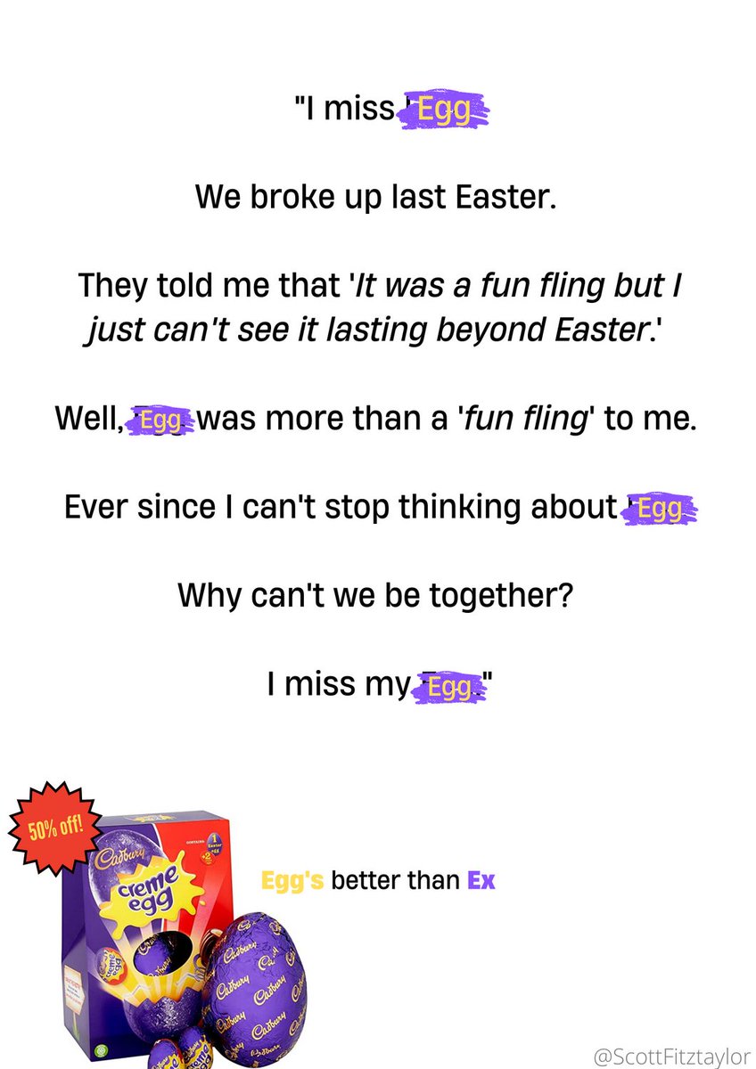 ScottFitzTaylor's tweet photo. Brief of the Day: Create posters to advertise #DiscountedEasterEggs. The egg shape of the text and the ending copy's double meaning were happy accidents @OneMinuteBriefs https://t.co/14dhosuERT