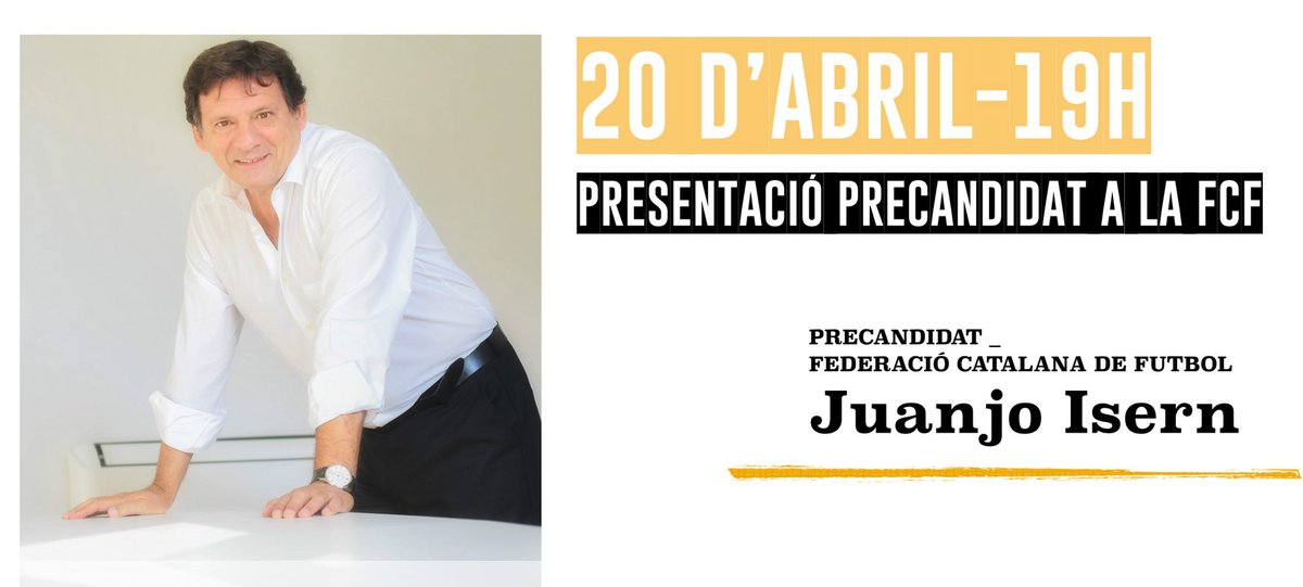 JuanjoIsernFCF's tweet photo. ⚽️ Bona tarda!

🔛 En marxa la precandidatura encapçalada per @JuanjoIsernAran per a liderar el futur de la Federació Catalana de Futbol

🗓️ Demà a les 19 h. ens presentem. Podreu seguir l'acte en 'streaming' aquí 👉🏽 https://t.co/dBWNownclt

#futbolcat #futsalcat #JuanjoIsernFCF https://t.co/OXAbo2XkjO