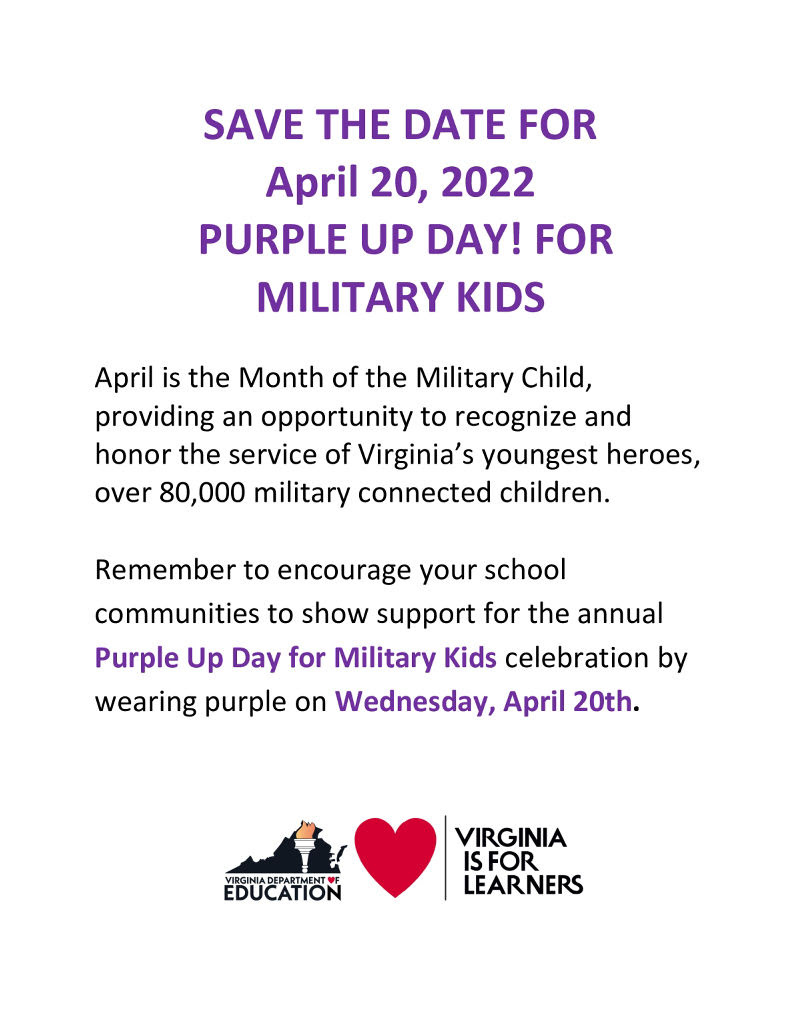 WEDNESDAY, April 20 - Purple Up for Military Kids
