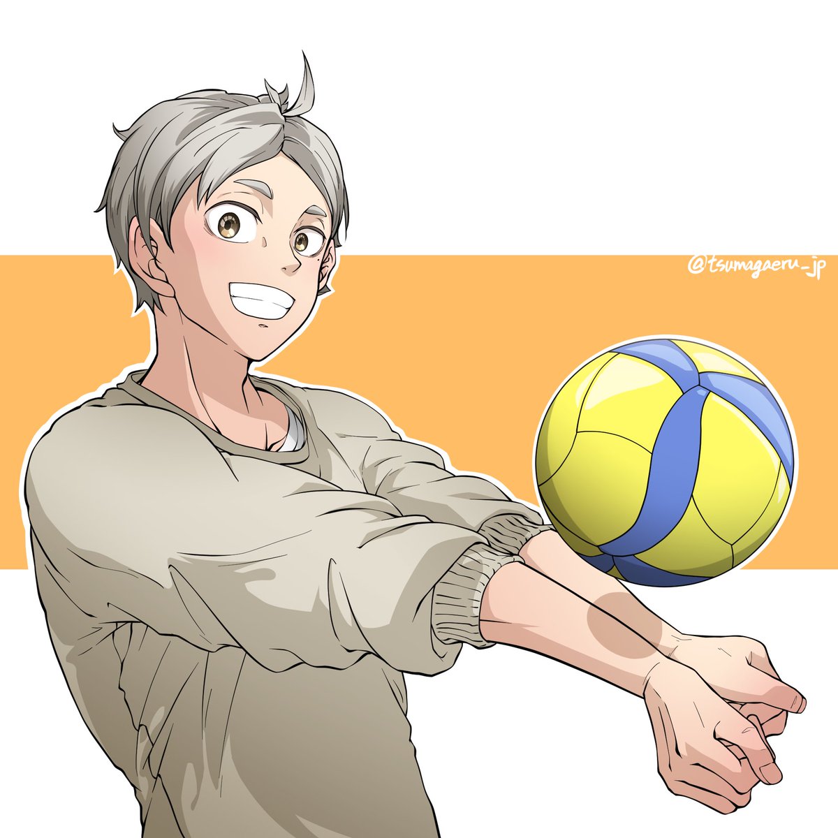 volleyball 1boy male focus smile solo grey hair looking at viewer  illustration images