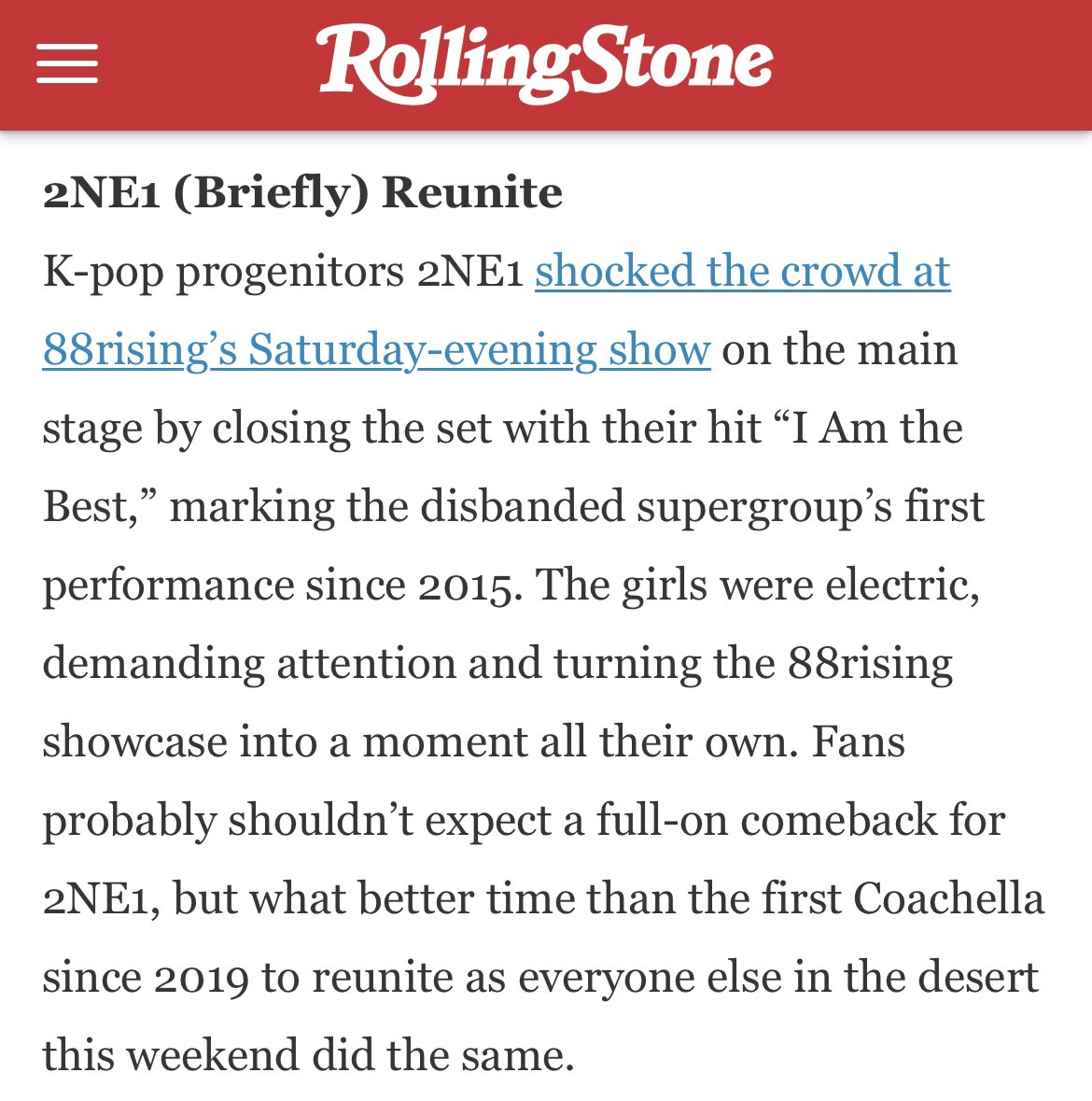 performerDARA's tweet photo. RollingStone picked 2NE1 as one of the best act who performed at the #Coachella2022 
https://t.co/HHCi8Vhv0H

"The girls were electric, demanding attention and turning the 88rising showcase into a moment all their own." https://t.co/Vl1TGKQyqe