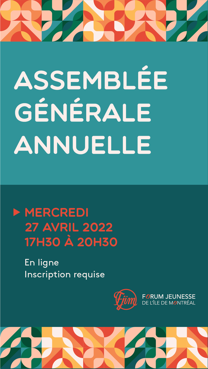 Le 27 avril se tiendra notre Assemblée générale annuelle! 
Si tu es intéressé.e à t'impliquer au sein du FJÎM, écris-nous! 
Inscription obligatoire👉bit.ly/3jGuUws