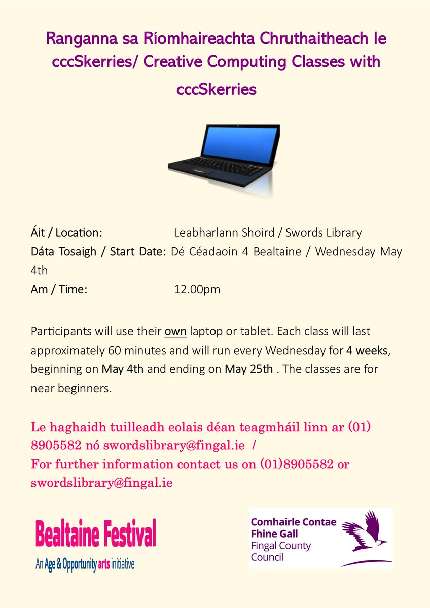 fingallibraries's tweet photo. Creative Computing Classes will begin in #SwordsLibrary on Wednesday May 4th. Please contact the library for further information or to book your place today!!! #BealtaineFestival2022 #FingalLibraries https://t.co/hRfOUqGLVE