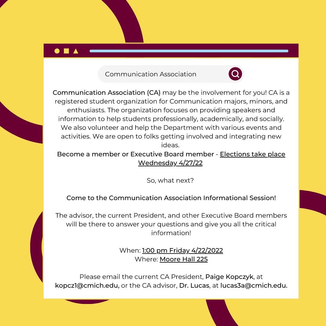 CMU_CA's tweet photo. ‼️CA Informational Session‼️

Are you curious about what CA does? Then here’s the opportunity to attend our informational session on Friday, April 22, 2022 at 1:00pm. 
 
Details regarding the session and the upcoming CA Elections are provided in the posts.

Hope to see you all! https://t.co/lGkEPNpInG