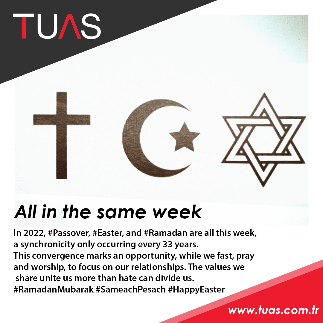 #Passover, #Easter, and #Ramadan are all this week, a synchronicity only occurring every 33 years. This convergence marks an opportunity, while we fast, pray and worship, to focus on our relationships. The values we share unite us.

#RamadanMubarak #SameachPesach #HappyEaster