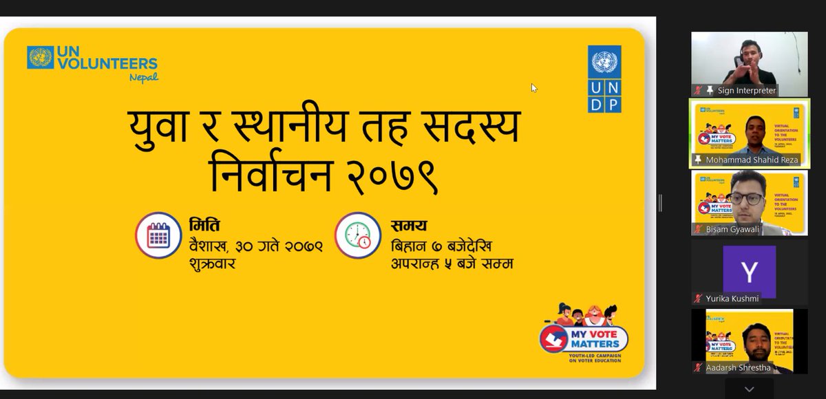 UNVNepal's tweet photo. 📱 And we kicked off today! Out of 700+ applicants, we selected 400 @UNVolunteers #OnlineVolunteers for the campaign #MyVoteMattersNepal who will be using #socialmedia 2 spread the word on #votereducation among #youths of 🇳🇵! Today we met online for orientation on their tasks.☑️ https://t.co/mov3CjJ4zI