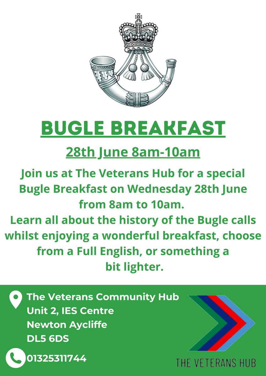 Date for the diary! Bugle Breakfast at The Veterans Hub will be coming on 28th June from 8am till 10am. Why not come down have a breakfast and learn about the history of Bugle calls.
