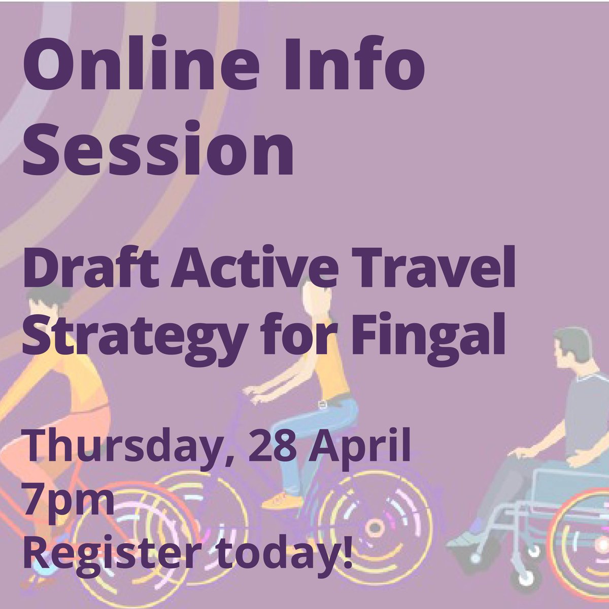 Fingalcoco's tweet photo. Are you interested in the future of Active Travel in Fingal?
🚲🚶‍♀️🛴👨‍🦽
Join us for an online information session to learn more about the Draft Active Travel Strategy for Fingal on Thursday 28t April at 7pm. Register today at https://t.co/zZZrraLshA https://t.co/I0GWAhv4w5