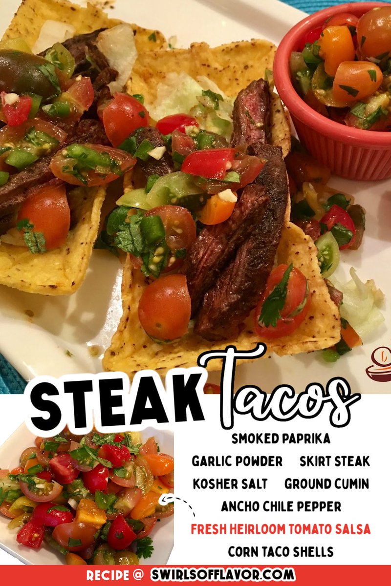 Serve our Spiced Skirt Steak Tacos for your next Taco Tuesday dinner! Seasoned slices of juicy skirt steak are nestled in a crunchy corn shell and topped with a lime-scented fresh heirloom tomato salsa. 
RECIPE ➡️ swirlsofflavor.com/ancho-chile-sk…