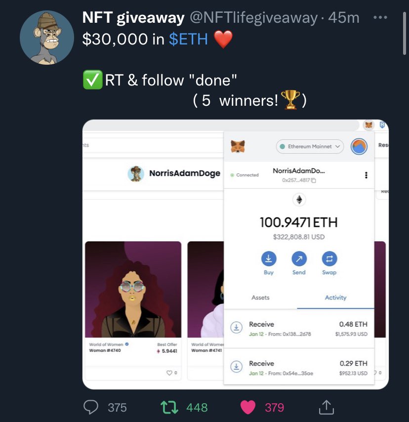 DontRug's tweet photo. @NFTlifegiveaway Done🤞🏽🍀❤️
0x016542eAb62880E0931a86Db2e2B2C91f0FdEBef https://t.co/wX6FEAZWdW