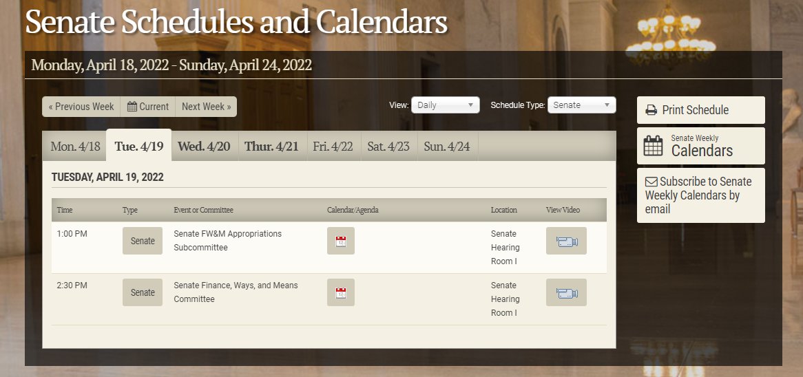 Senate committee schedule for Tuesday, April 19 Watch live @ capitol.tn.gov