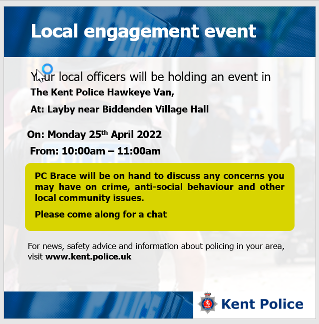 KentPoliceAsh's tweet photo. #AshfordCSU are holding the following local engagement events. Monday 25th April 2022. Please do come along if you have anything you would like to discuss with us. #CommunityPolicing #SaferSpring KR https://t.co/F2WJOurHxA