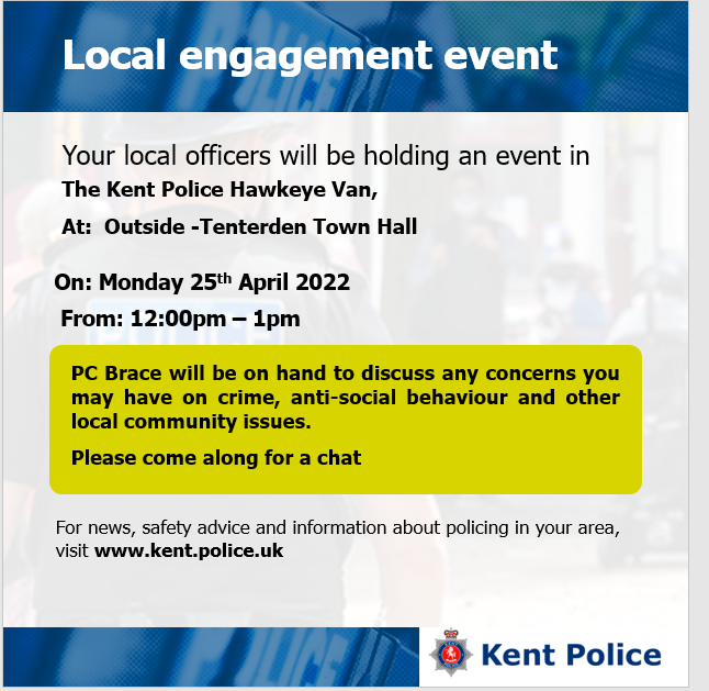 KentPoliceAsh's tweet photo. #AshfordCSU are holding the following local engagement events. Monday 25th April 2022. Please do come along if you have anything you would like to discuss with us. #CommunityPolicing #SaferSpring KR https://t.co/F2WJOurHxA