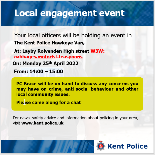 KentPoliceAsh's tweet photo. #AshfordCSU are holding the following local engagement events. Monday 25th April 2022. Please do come along if you have anything you would like to discuss with us. #CommunityPolicing #SaferSpring KR https://t.co/F2WJOurHxA