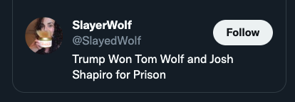 CheeseSpiff's tweet photo. #JUSTICEforPENNSYLVANIA!
#ShapiroForPrison.
#ImpeachWolf.

#SLAYERFOREVER. https://t.co/iIR5JBGMwa