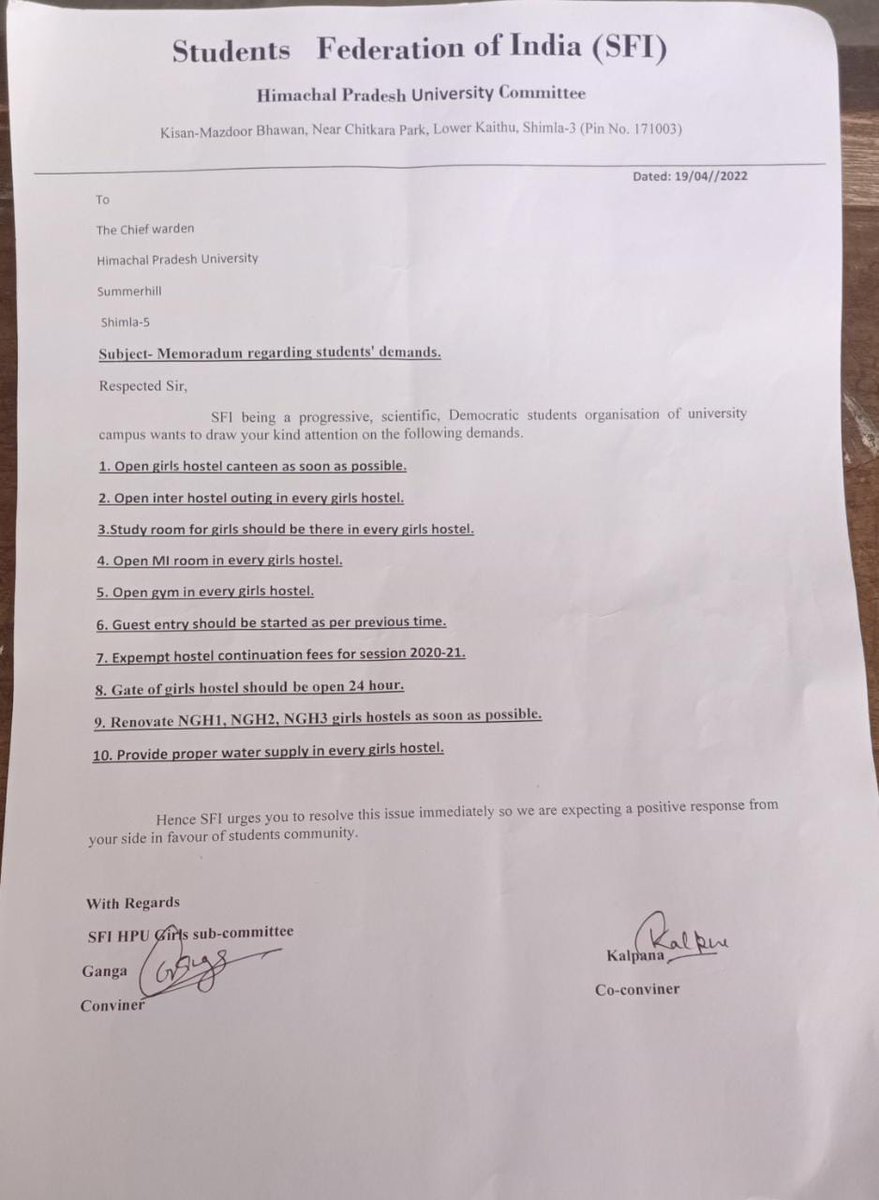 sfihpu's tweet photo. A delegation of SFI Girls' sub- Committee met with Chief Warden regarding various demands of girl hostels.
#pinjratod
#sfihpu https://t.co/K1cdkyHMxl