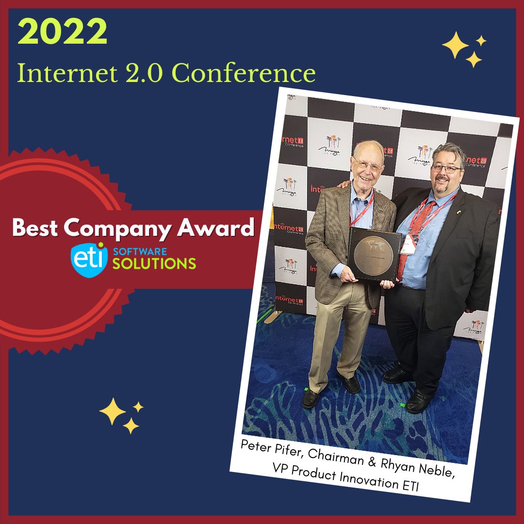 ETI_Software's tweet image. ETI Software was honored to receive the 2022 Best Companies award at the 
@internet2conf. Rhyan Neble, ETI VP of Product Innovation, (right) presented the keynote speech, and Pete Pifer, ETI Founder, and Chairman were on hand to accept the award
#intermet #fiberoptics #5G #wifi6