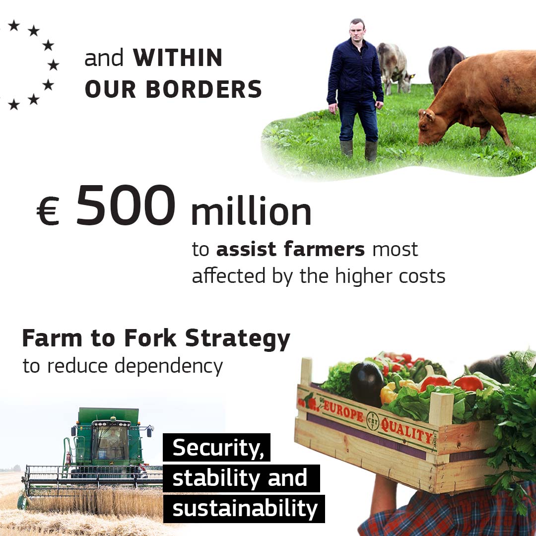 EU_Commission's tweet photo. The Russian invasion of Ukraine is affecting food security globally.
🌾 This is having an impact on food prices.
⬇️ Our #EUDataCrunch highlights the actions we are taking to support EU farmers and consumers while also helping Ukraine feed its citizens.