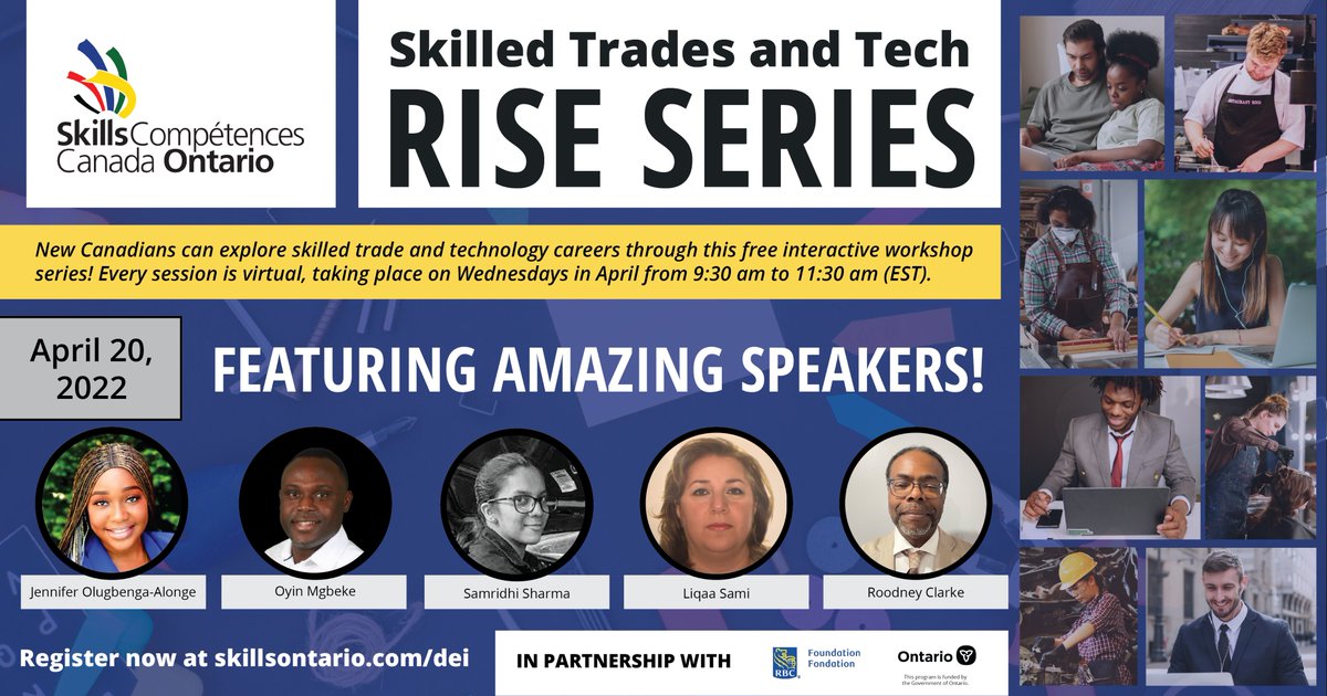 skillsontario's tweet image. Our Rise Series continues TOMORROW with speakers discussing their skilled career paths! Hear from:

Jennifer, Aesthetician
Oyin, Business Process Technician
Samridhi, Auto Service Technician
Liqaa, Hairdresser
Roodney, Plumber/Steamfitter

Register FREE ➡️ skillsontario.com/dei