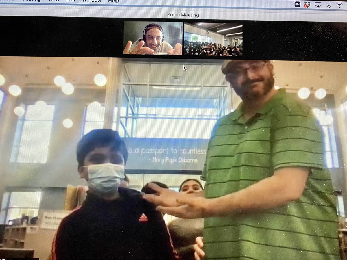 Jarrett_Lerner's tweet photo. I was just in the middle of a virtual visit and had to interrupt myself and ask, “Is there a cardboard cutout of @joshfunkbooks in the back of the library?!” There was! 😊 https://t.co/Z0nF4ZN3oW