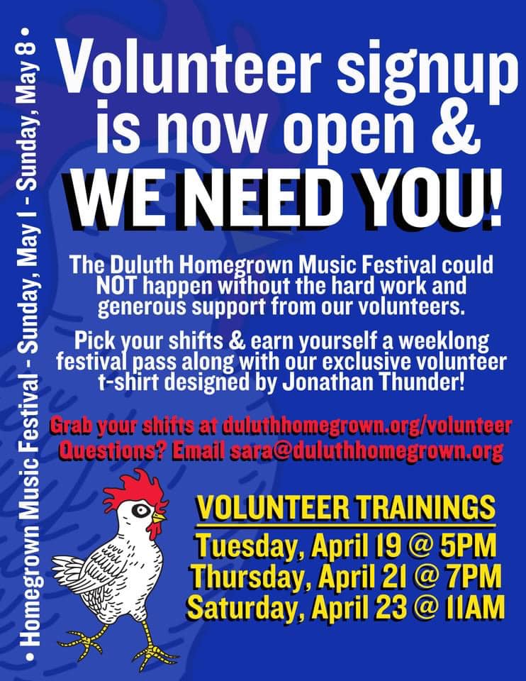 Our first 2022 Homegrown Volunteer training is 5 PM TONIGHT at the Chicken Shack~ 24 W. 21st Ave W. 
Can’t make it tonight? We’ll see you at 7 PM on Thursday, 4/21 or 11 AM on Saturday, 4/23! #hgmf22
…grownmusicfestival.volunteerlocal.com/volunteer/?id=…