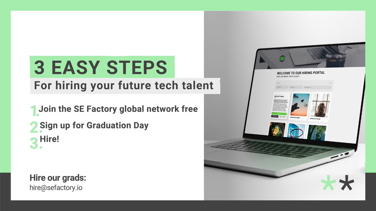 Join the 165+ global companies in our network (free) and on our next Graduation Day get access to our virtual hiring portal – view grads and projects, set up interviews, and get support from our team. #SEFactory #techtalent #techbootcamp #hiretech #techgrads #careers #hiring