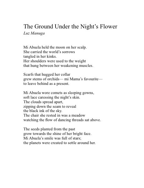 ElanLitMagazine's tweet photo. #NationalPoetryMonth Day 19.

Today, a poem from Elan’s 2018 Spring Edition:
“The Ground Under the Night’s Flower” by Luz Manuga https://t.co/LxfTexyvY1