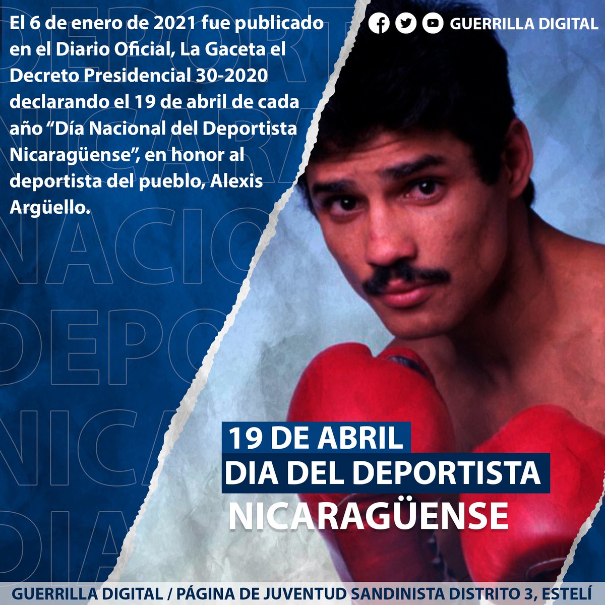 #VictoriasDeLaPaz | Este 19 de abril se celebra el día nacional del deportista en honor al Tricampeón y orgullo patrio, Alexis Argüello Bohórquez.🇳🇮🥊✌️ #Nicaragua #JSEsteliD3