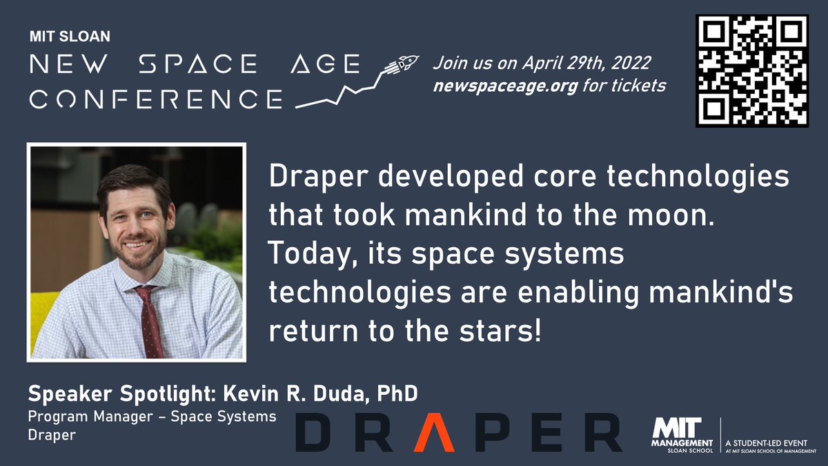 We are very excited to share that Kevin Duda, Space Systems PM at Draper, will be joining us at the #NewSpaceAgeConference! Draper is developing everything from advanced guidance and nav to fault-tolerant computing as part of its mission. Tix @ newspaceage.org.