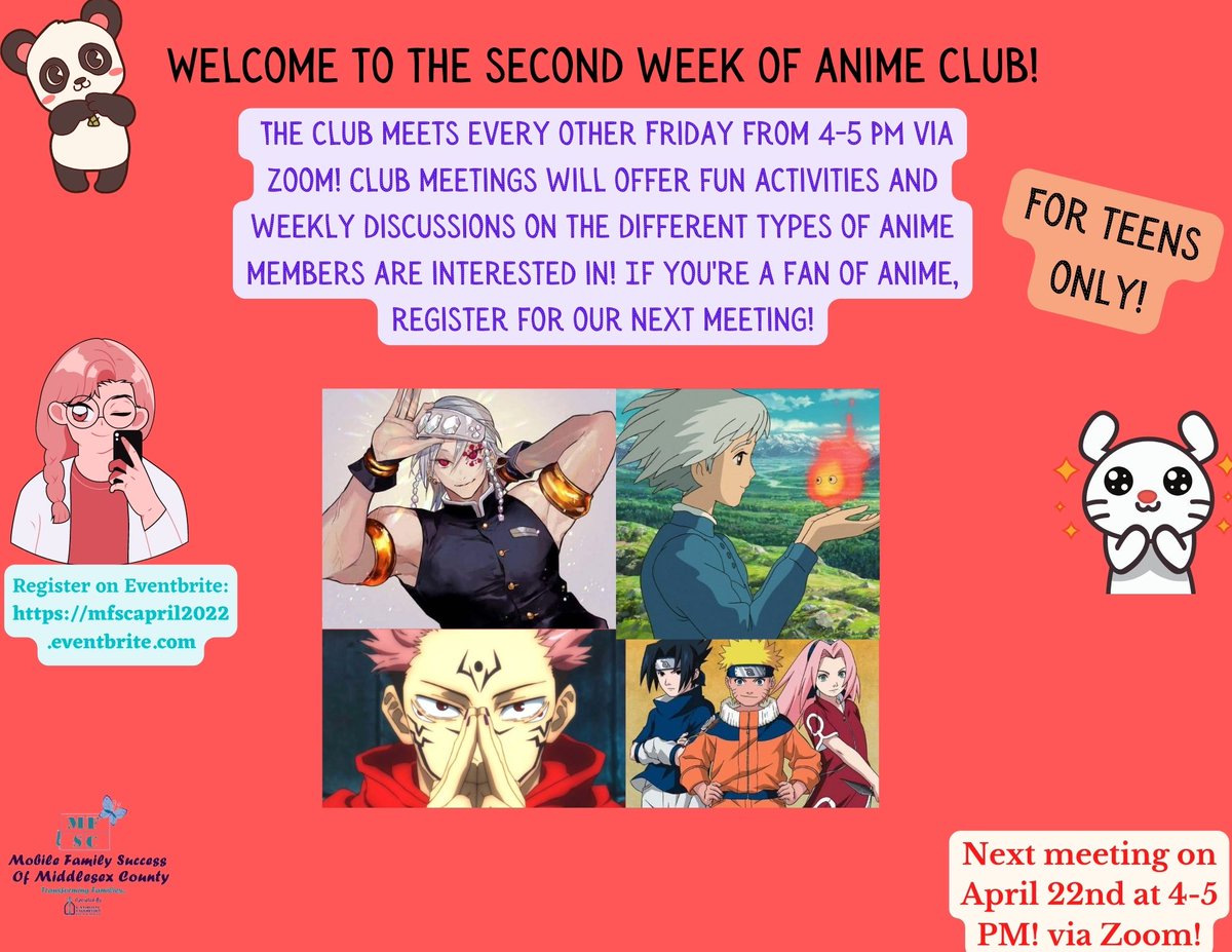 Another week of Anime Club is approaching! If you missed out on last week's meeting, don't worry! Our second meeting is this Friday on the 22nd! Go ahead and register for the club meeting on Eventbrite! ☺️ eventbrite.com/e/mfsc-april-2…