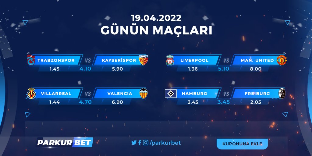 ⚽️Trabzonspor 🆚 Kayserispor
⚽️Liverpool 🆚 Man. United
⚽️Villarreal 🆚 Valencia 
⚽️Hamburg 🆚 Freiburg

Günün maçları nasıl sonuçlanır? Kuponuna eklemeyi unutma!

%15 YATIRIM BONUSU FIRSATI #Parkurbet'te!

Giriş🔜parkurbet232.com