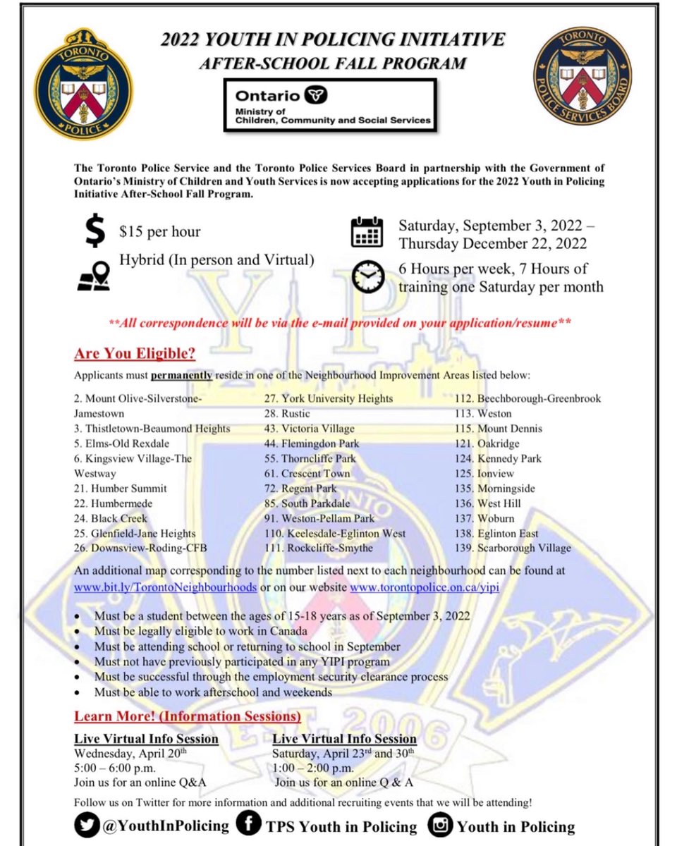 BREAKING NEWS: 

Applications are now open for the 2022 FALL YIPI program! 

Apply online at 
torontopolice.on.ca/yipi/ 

Deadline: Sunday, May 8, 2022
#YouthInPolicing #winter #youth #communitybu