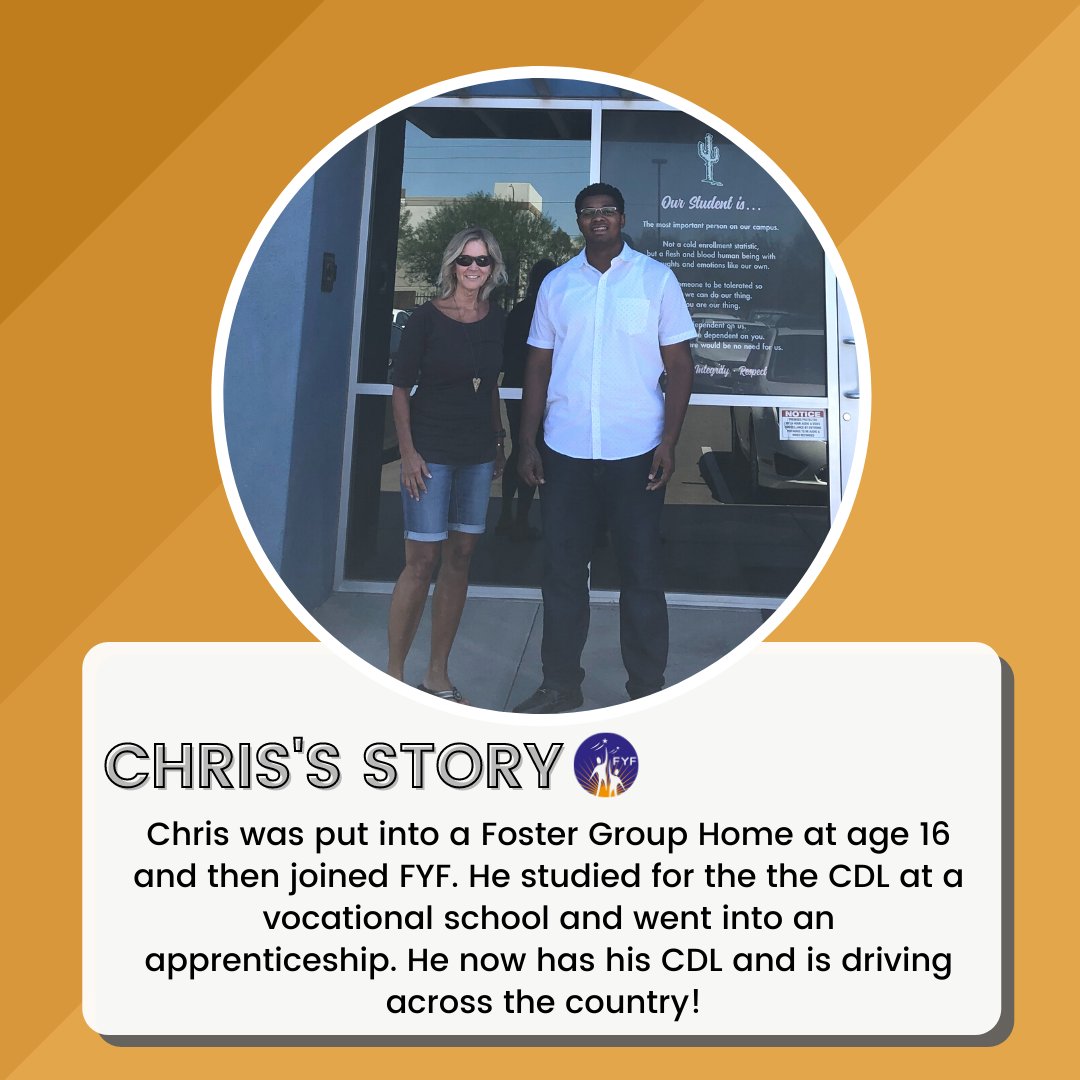 fosterfutureaz's tweet image. Here’s a snippet of Chris’s story and how he is now Driving cross country!  We couldn’t be more proud. 

Thank you for your generosity and everyone who helps make FYF possible!  FosterYourFuture.Org

#aznonprofit #fostercare #fosteryourfuture