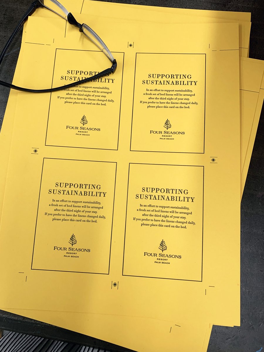 GSBDigital's tweet photo. Just black ink on yellow paper. These elegant letterpress hotel linen cards are bright so they are not misplaced, and are produced inline with their message of sustainability. (https://t.co/9iKleTIPQX)
#sustainabilitymatters  #letterpress ##printingservices 
#printyourproudof https://t.co/U2xGpoQqlb